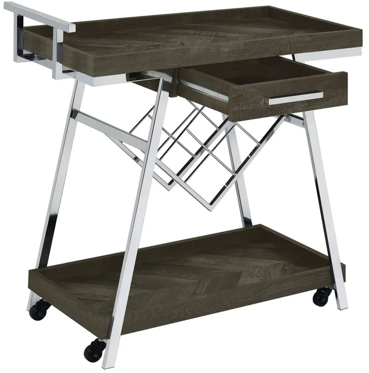 Kne 35 Inch Rolling Bar Cart, 2 Tier with Drawer, Stand, Black Wood, Chrome - Benzara