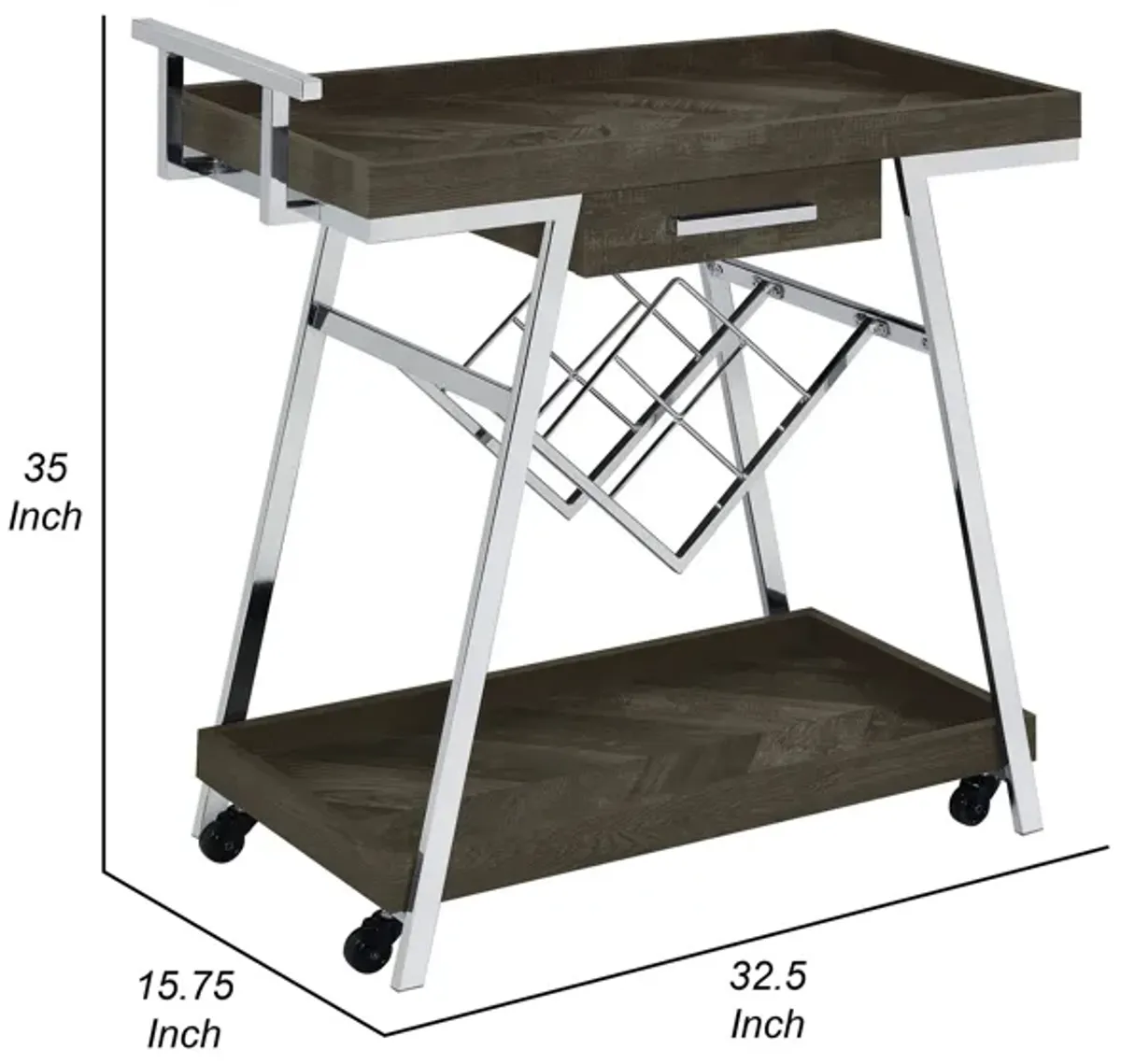 Kne 35 Inch Rolling Bar Cart, 2 Tier with Drawer, Stand, Black Wood, Chrome - Benzara