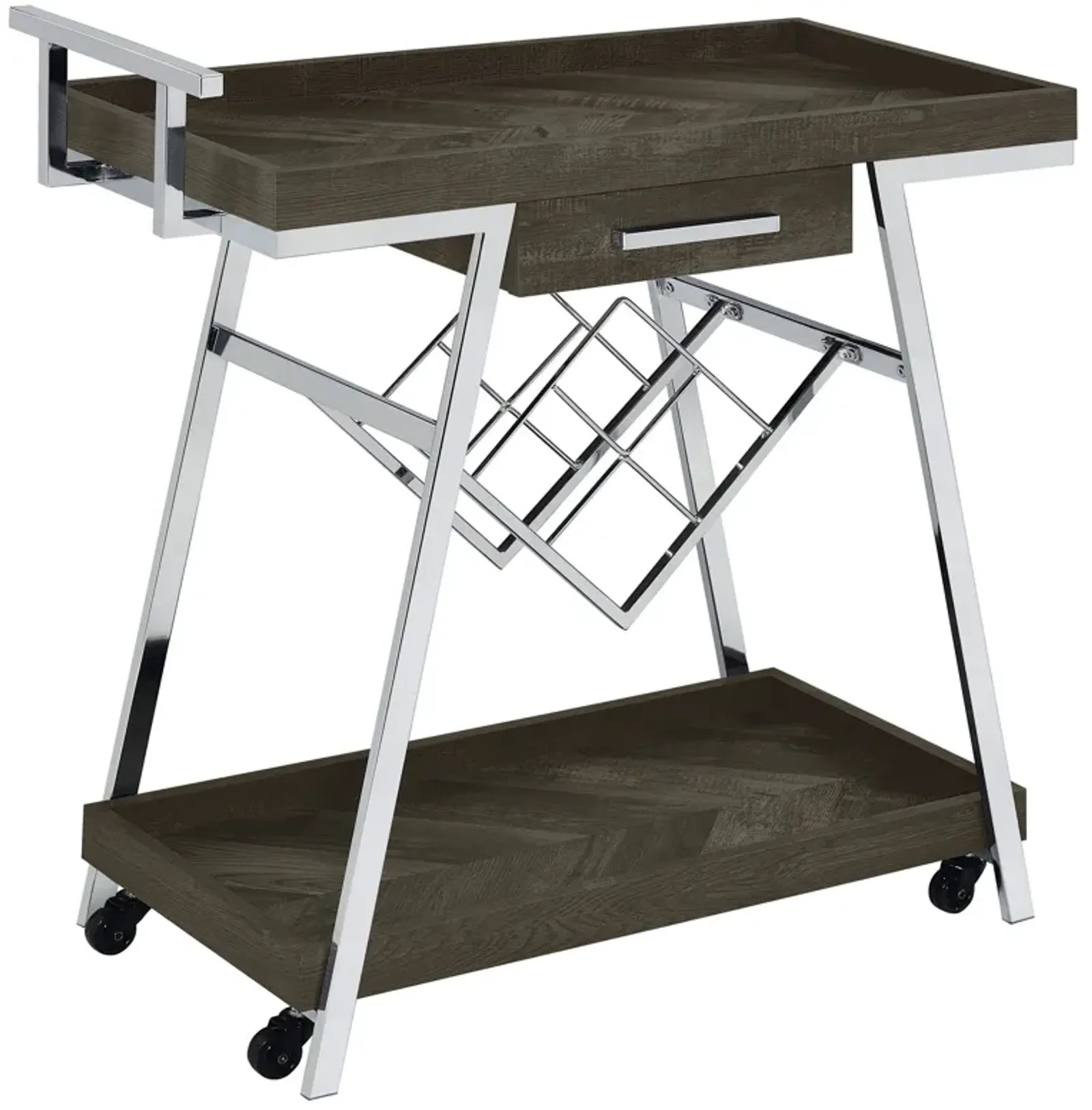 Kne 35 Inch Rolling Bar Cart, 2 Tier with Drawer, Stand, Black Wood, Chrome - Benzara