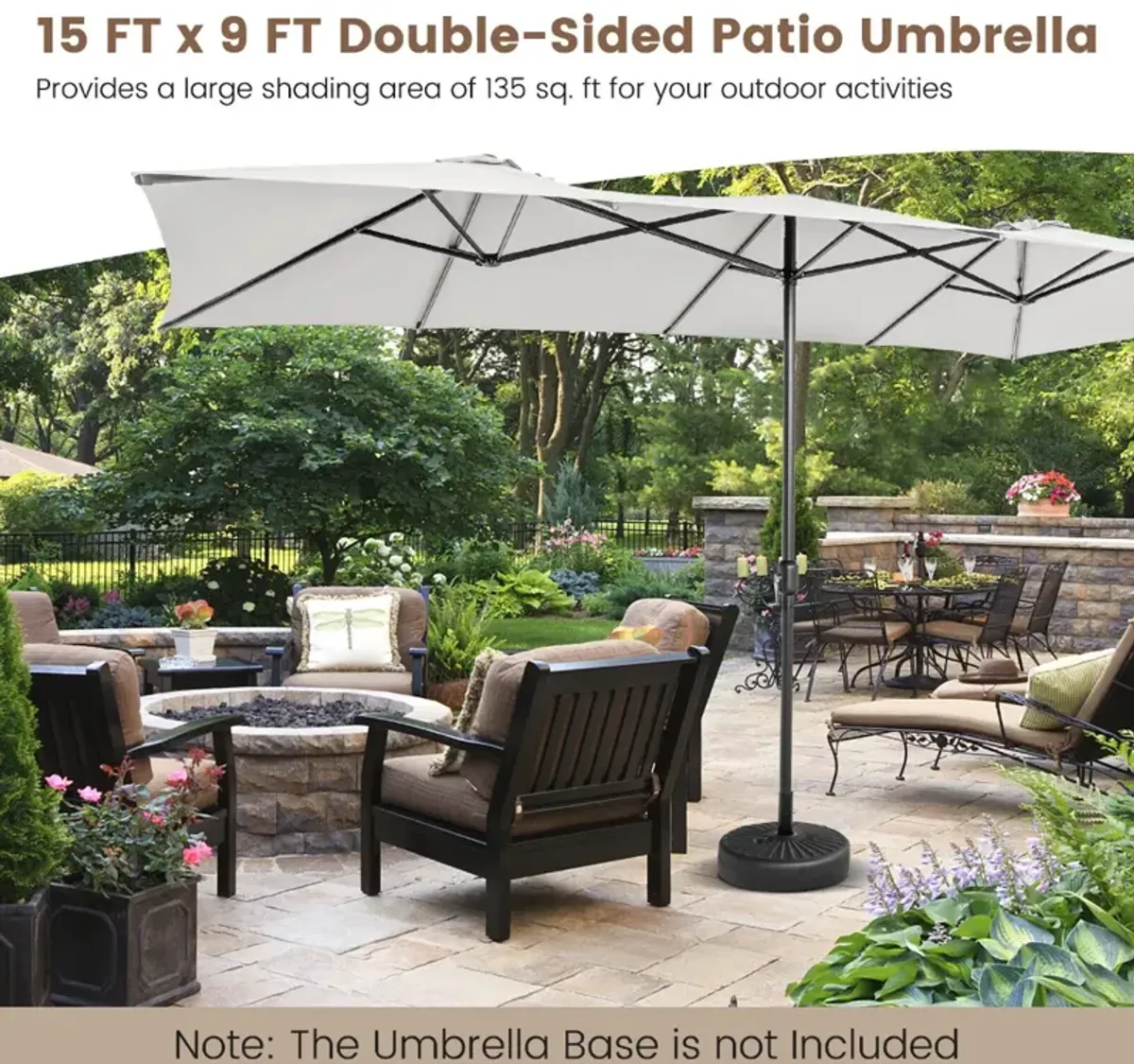 15 Feet Double-Sized Patio Umbrella with Crank Handle and Vented Tops