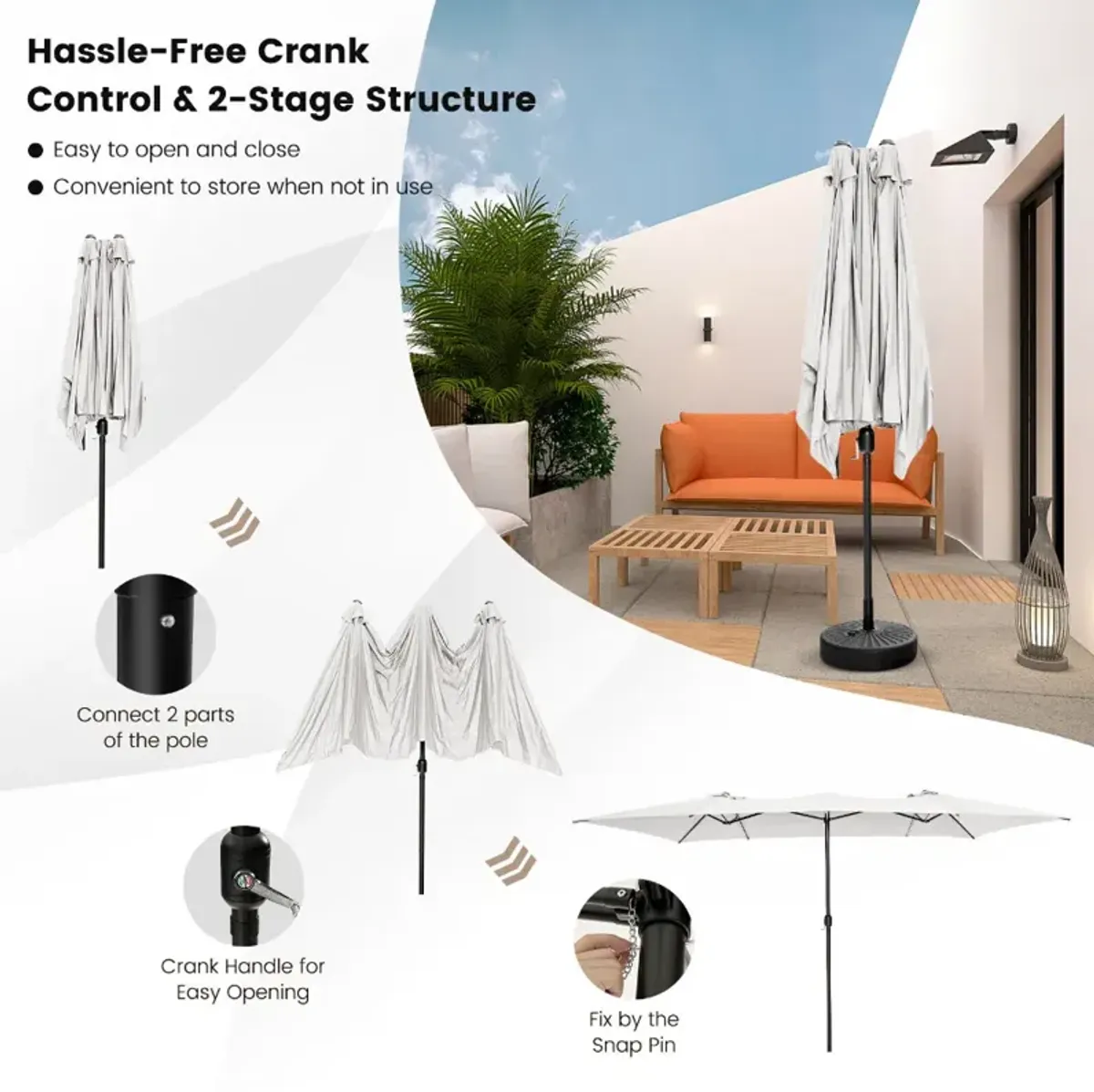 15 Feet Double-Sized Patio Umbrella with Crank Handle and Vented Tops