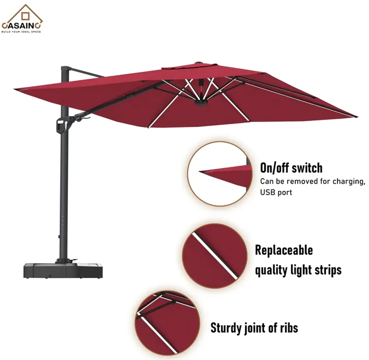 11FT Square Cantilever Patio Umbrella with LED Light (without Umbrella Base).