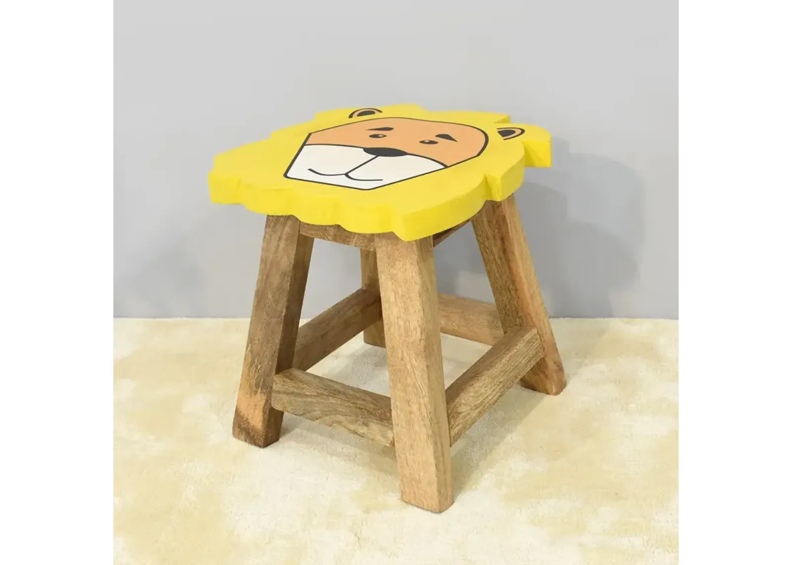 Handmade 100% Mango Wood Kids Yellow Color Lion Shaped Seat Indoor Stool