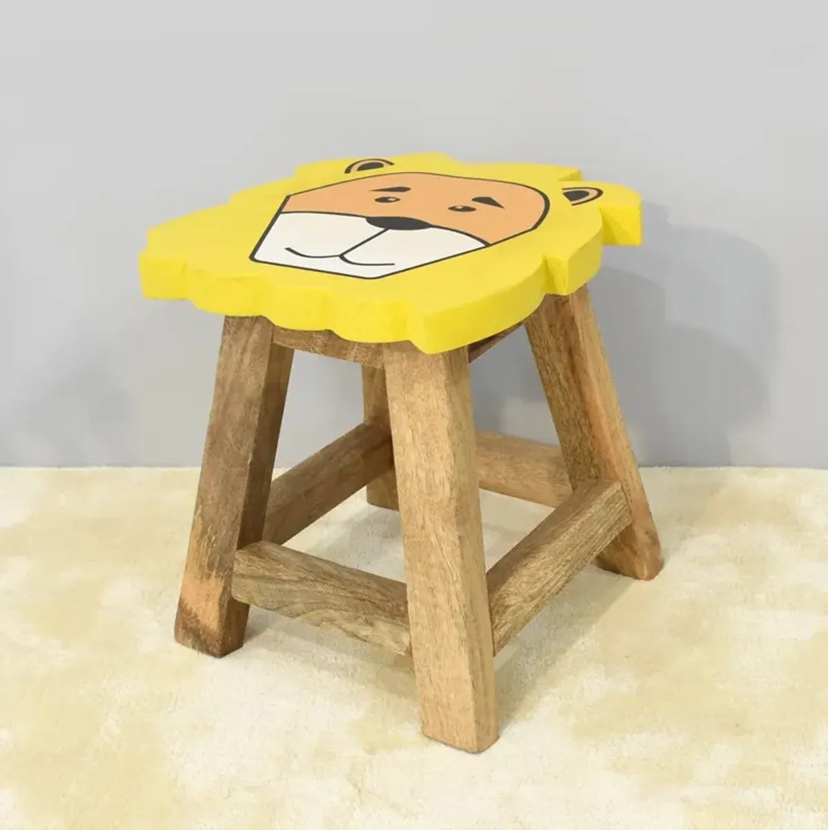 Handmade 100% Mango Wood Kids Yellow Color Lion Shaped Seat Indoor Stool