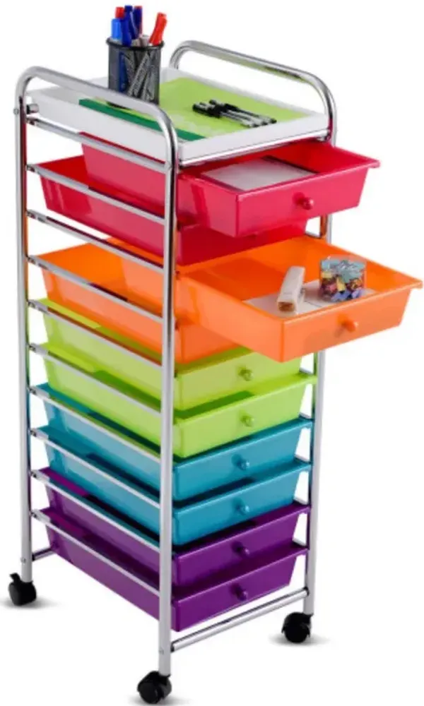 10-Drawer Mobile Rolling Organizer Cart – Craft Utility Trolley with Smooth Casters
