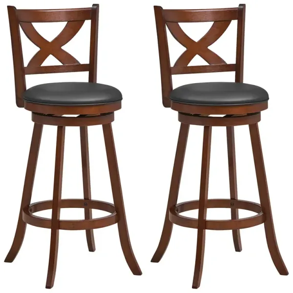 2 Pieces Classic Counter Height Swivel Bar Stool Set with X-shaped Open Back