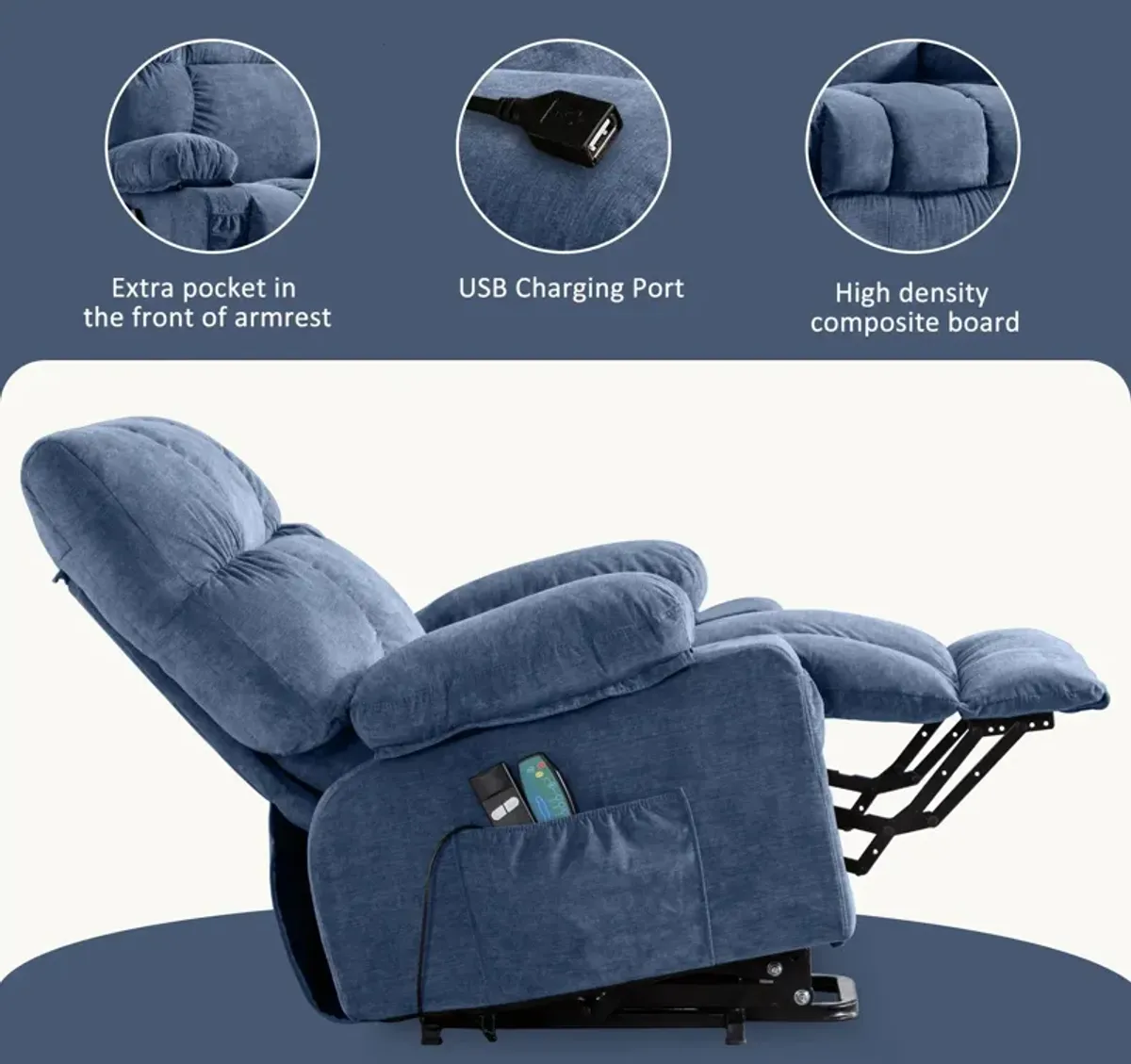 42 in. W Polyester Blend Recliner with Remote Control, Tufted and Storage