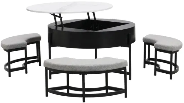 Modern Round Lift-Top Coffee Table with Storage & 3 Ottoman White & Black