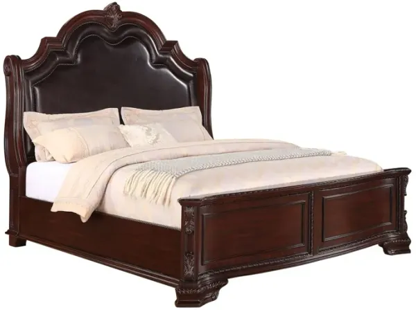 Chef Queen Size Bed, Carved, Faux Leather Upholstery, Dark Brown Wood - Benzara