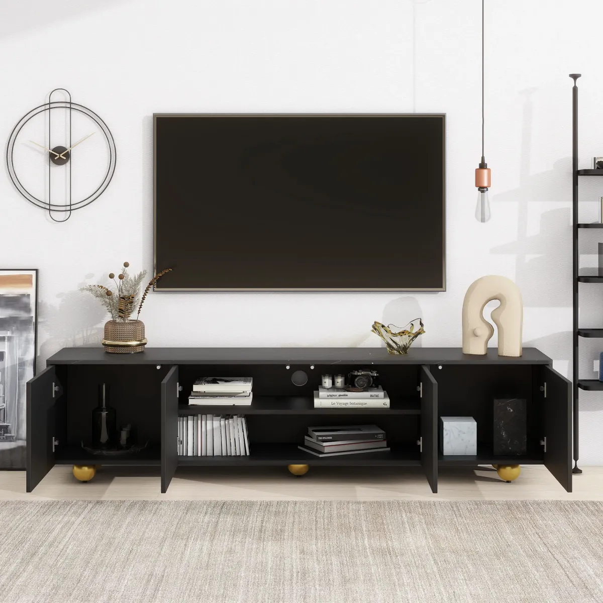 Modern TV Stand for TVs up to 75 Inches, Entertainment Center with Storage Cabinets and 1 Adjustable Shelf, Media Console with Marble-patterned Top and Golden Round Metal Legs for Living room