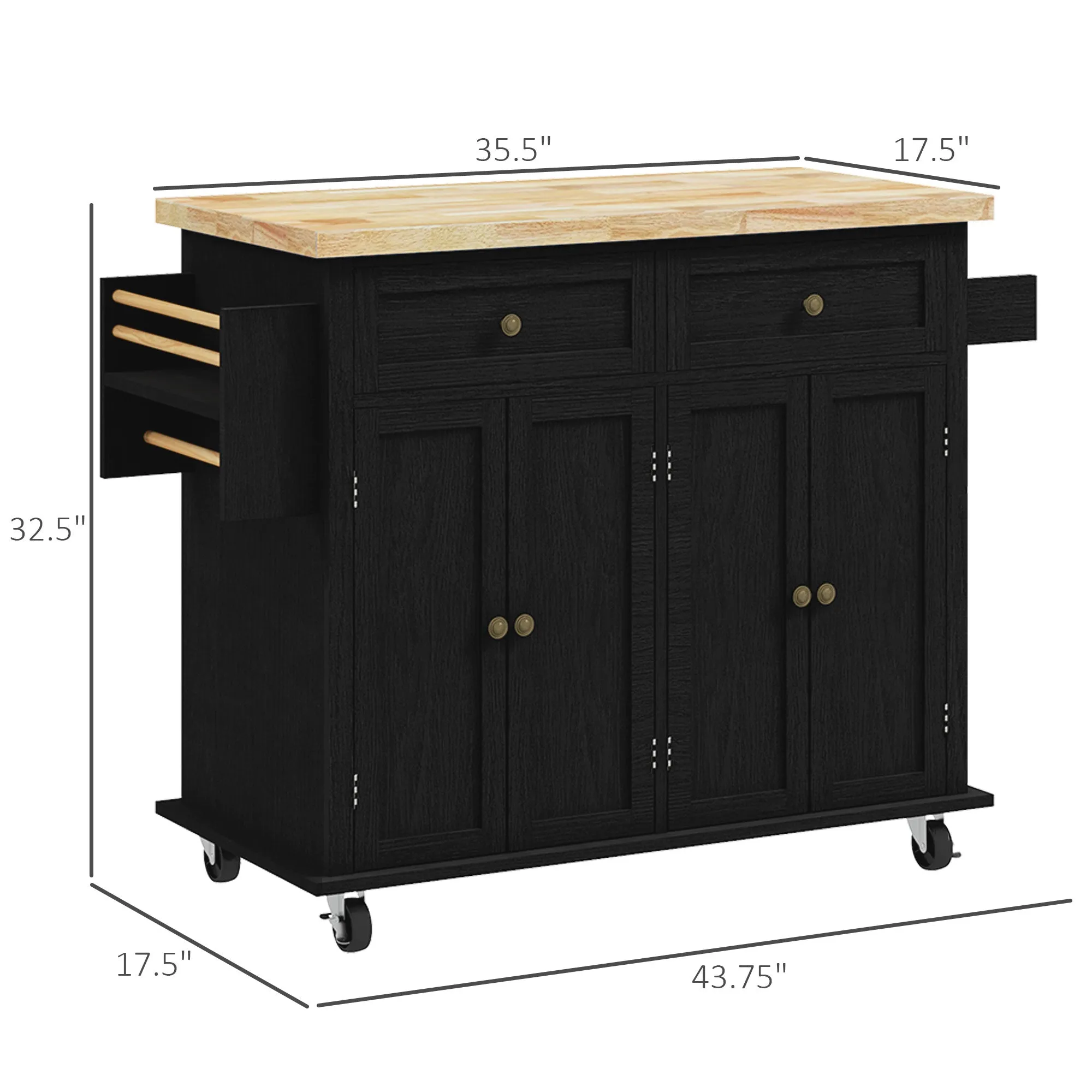 Black Kitchen Island Cart: Rubberwood Top, Spice Rack