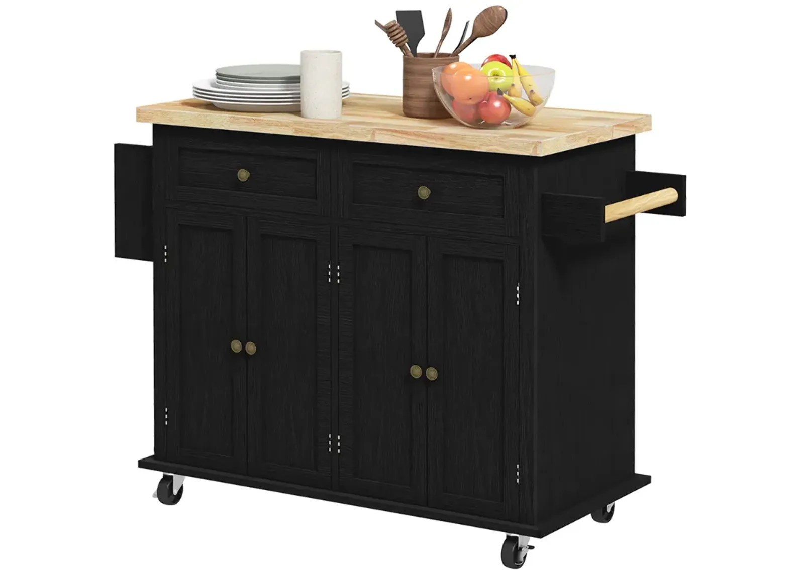 Black Kitchen Island Cart: Rubberwood Top, Spice Rack