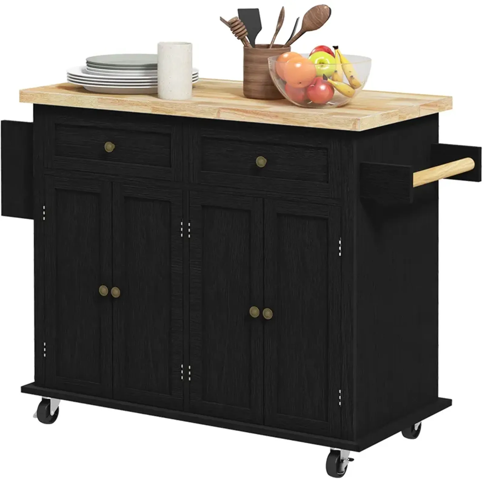 Black Kitchen Island Cart: Rubberwood Top, Spice Rack