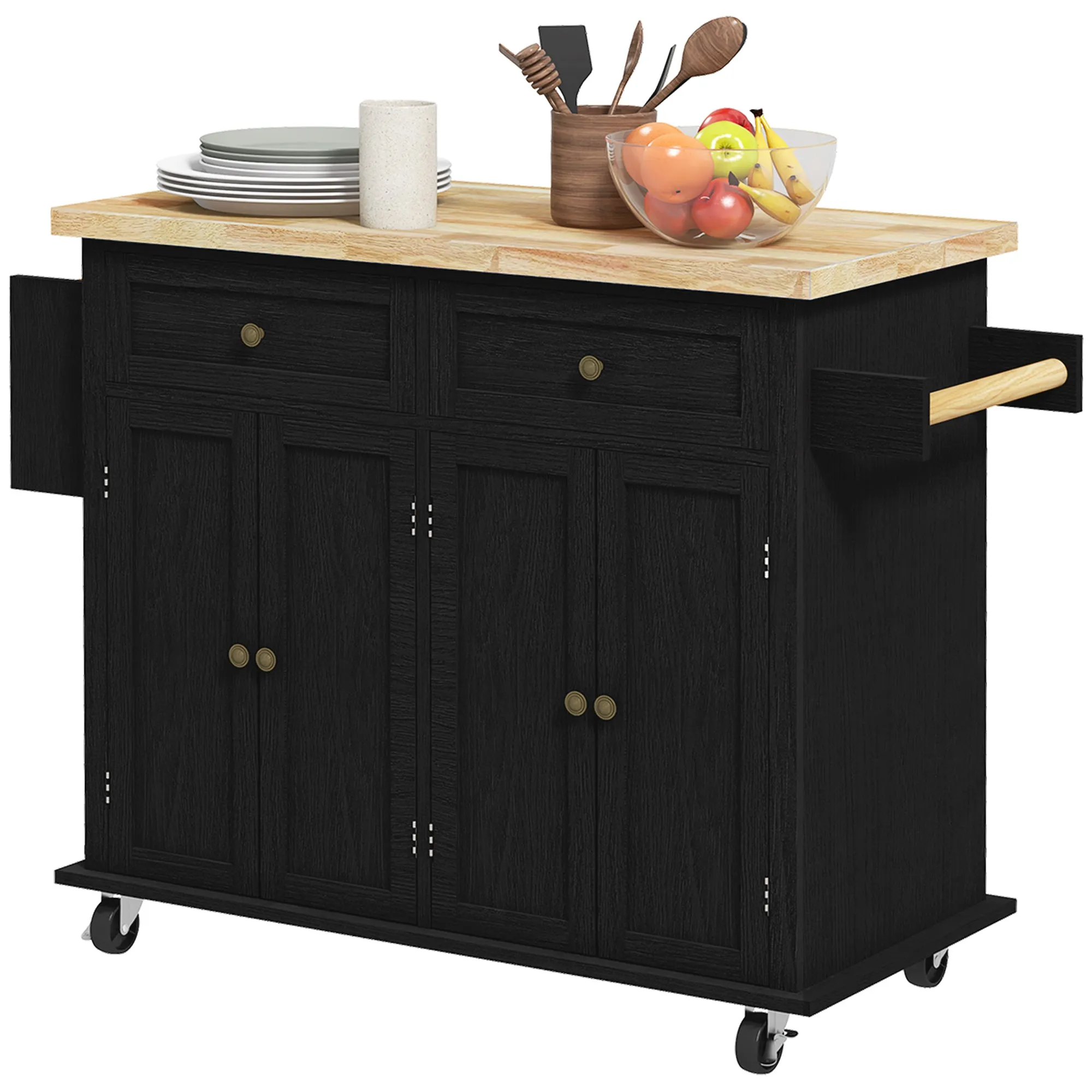 Black Kitchen Island Cart: Rubberwood Top, Spice Rack