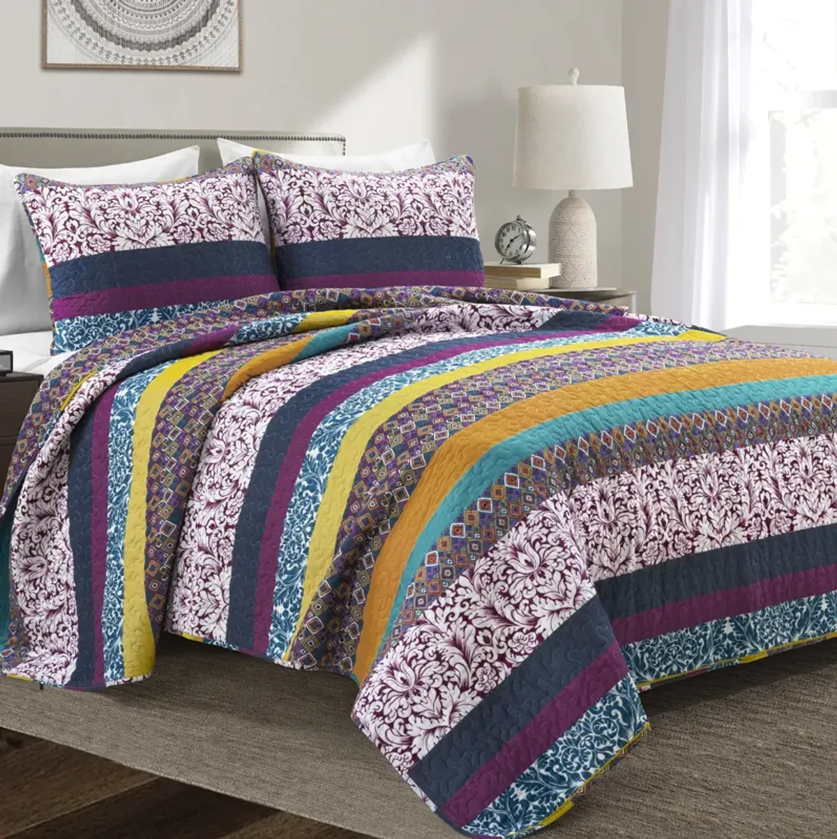 Boho Stripe Reversible Cotton Quilt 3Pc Set