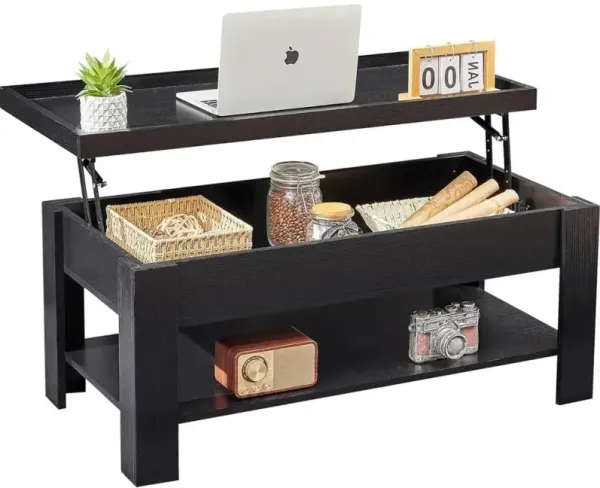 Hivvago Modern Lift Top Coffee Table Laptop Tray with Storage Shelf in Black Wood Finish