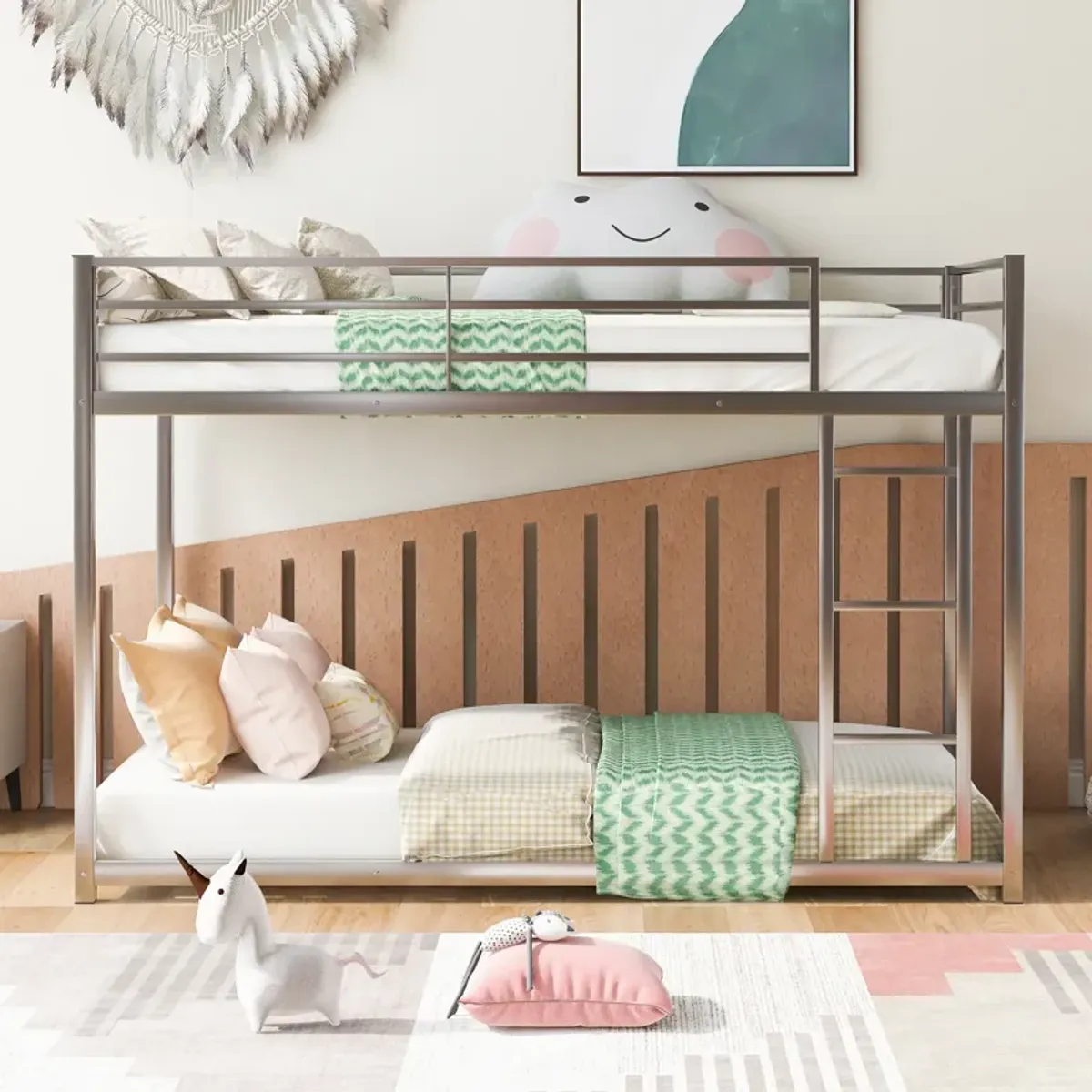 Twin over Twin Metal Bunk Bed, Low Bunk Bed with Ladder