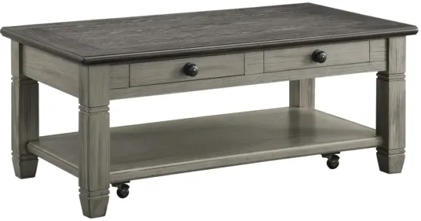 Rome 48 Inch Cocktail Table, 2 Drawers, Casters, Brown and Gray Solid Wood - Benzara