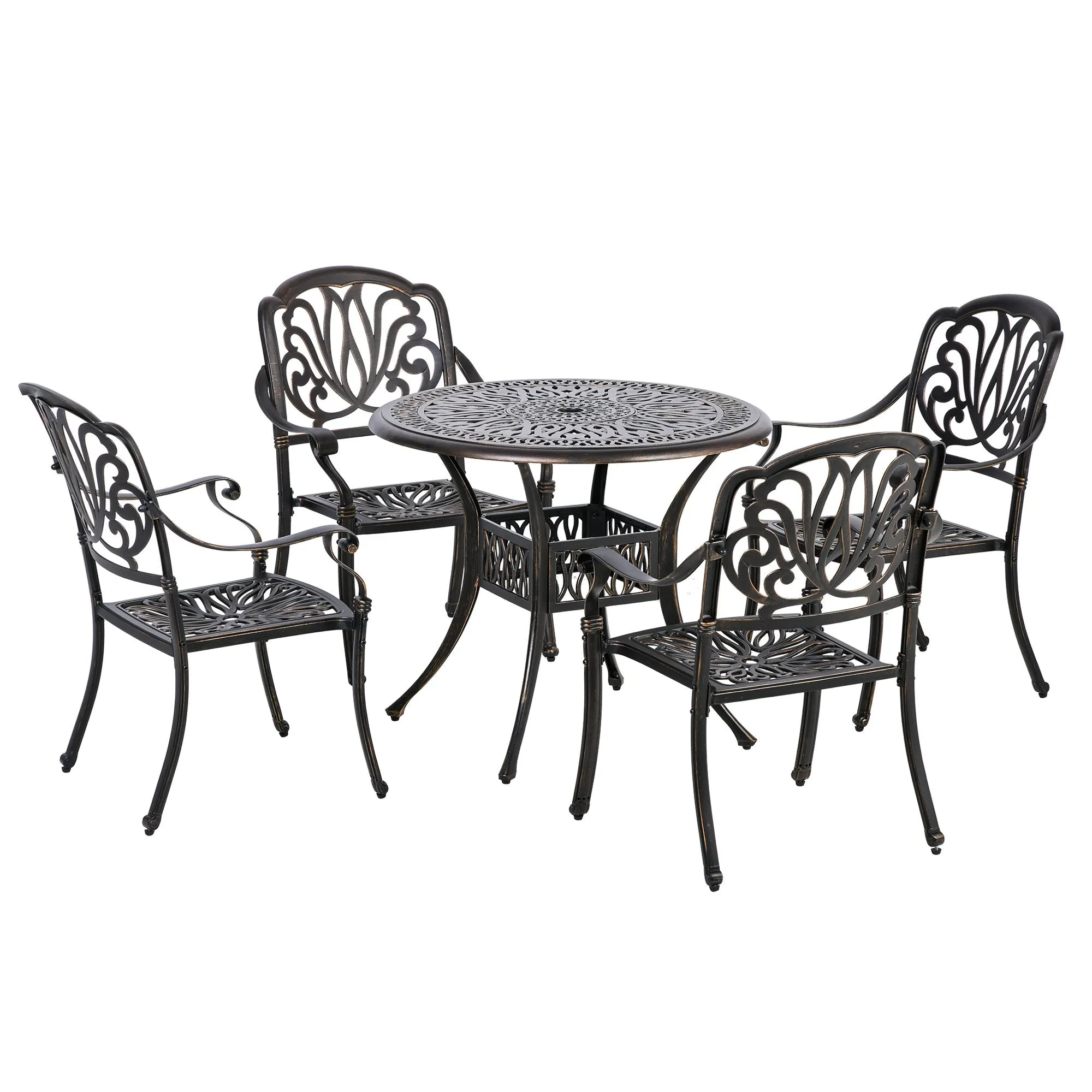 Outdoor Dining Set: 5PC Cast Aluminum Table and Stackable Chairs