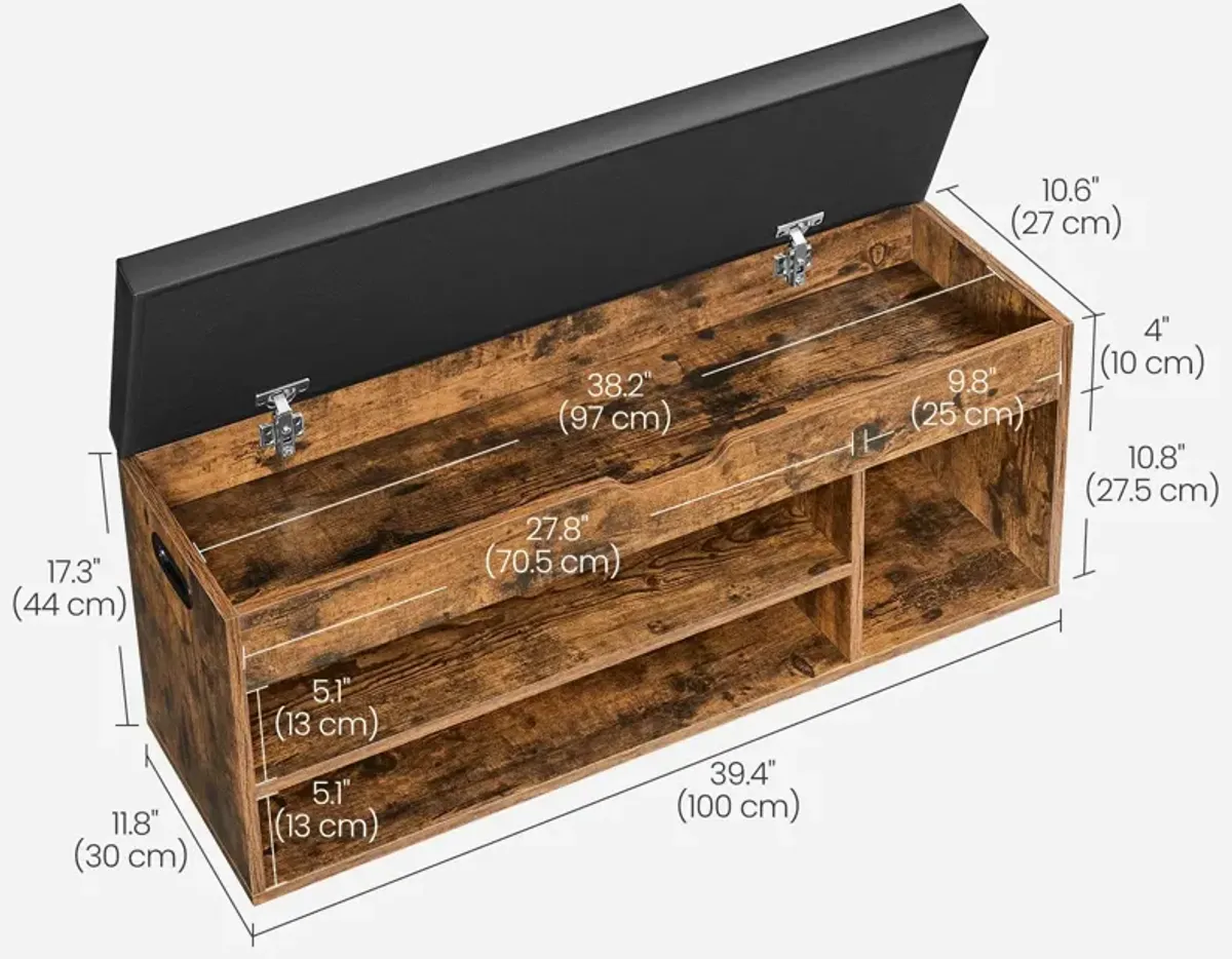 Storage Bench with Cushion, Shoe Bench with Padded Seat, 3 Compartments