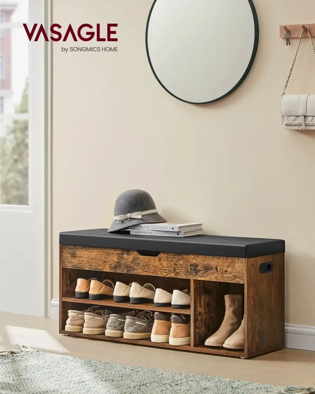 Storage Bench with Cushion, Shoe Bench with Padded Seat, 3 Compartments