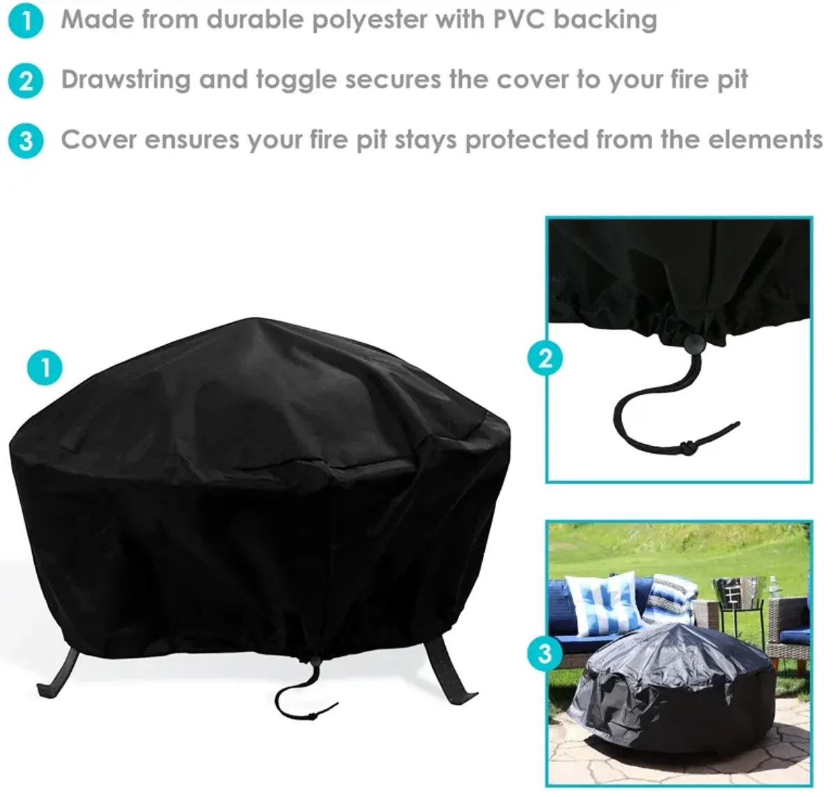 Sunnydaze Heavy-Duty PVC Round Outdoor Fire Pit Cover - Black