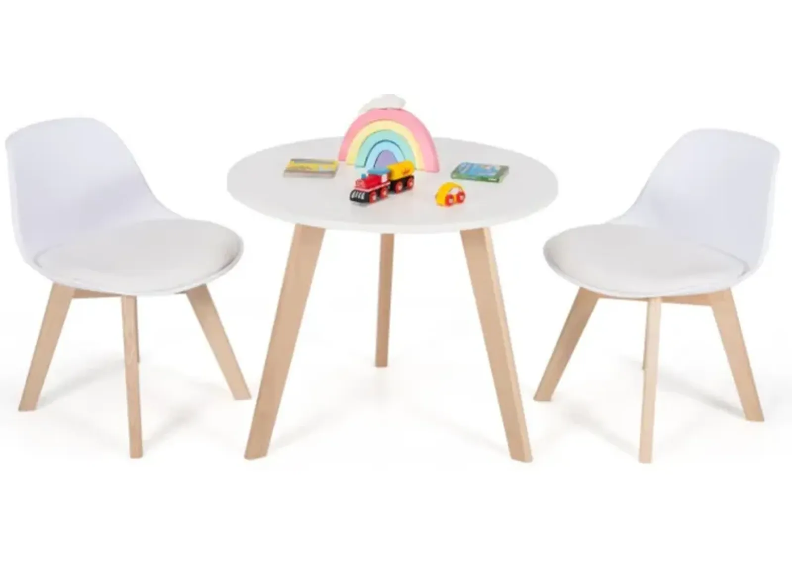 Hivvago  Modern Kids Activity Play Table and 2 Chairs Set with Beech Leg Cushion-White