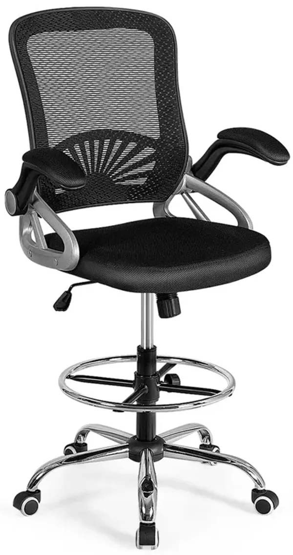 Costway Mesh Drafting Chair Mid Back Office Chair Adjustable Height Flip-Up Arm Black