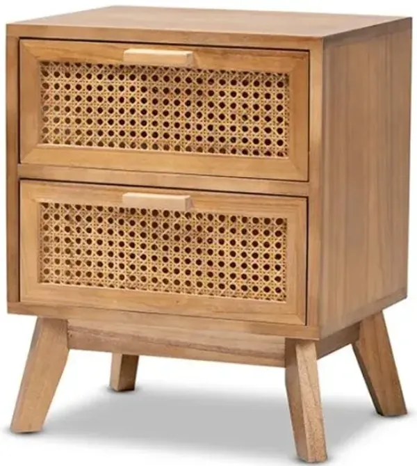 Walnut Brown Finished Wood 2-Drawer End Table with Rattan
