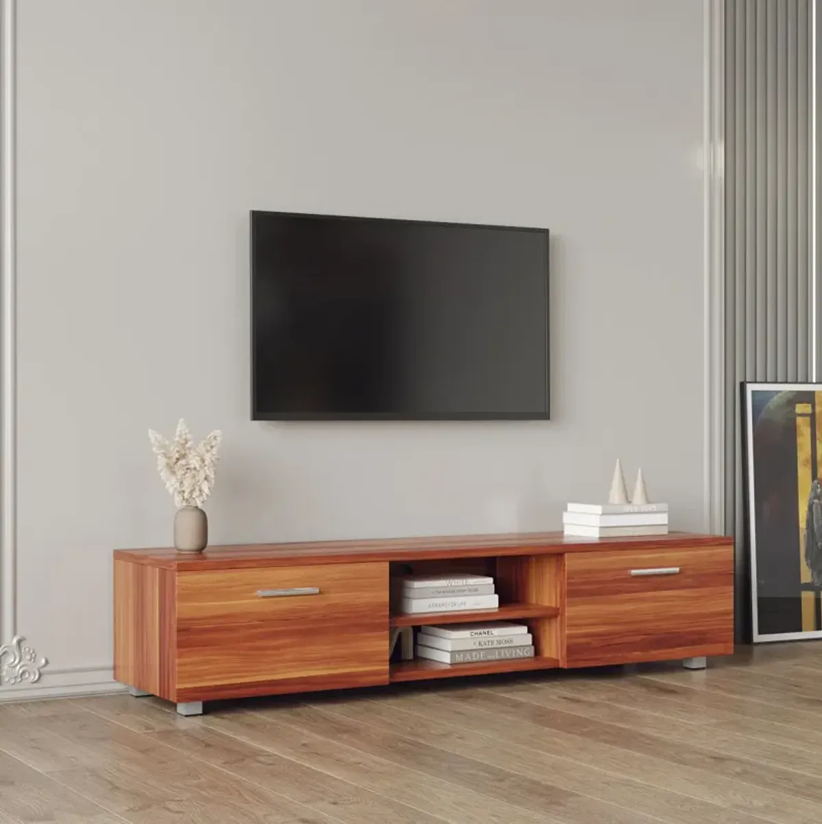 Walnut TV Stand For 70 Inch TV Stands, Media Console Entertainment Center Television Table