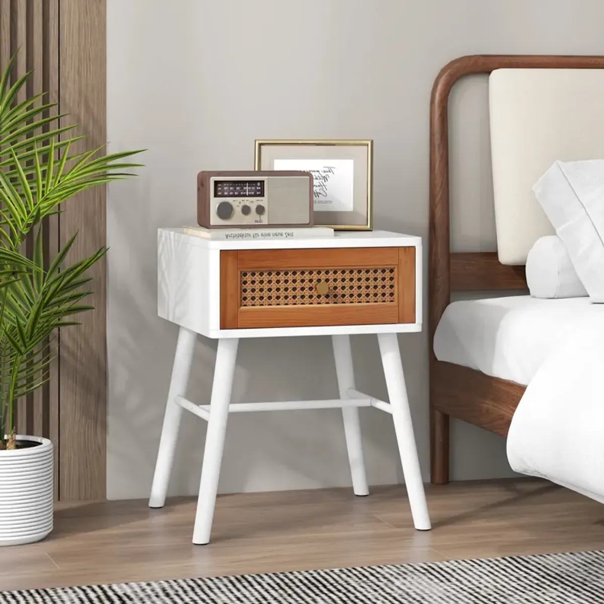 Rattan Nightstand Mid Century Modern Accent Table with Drawer-White