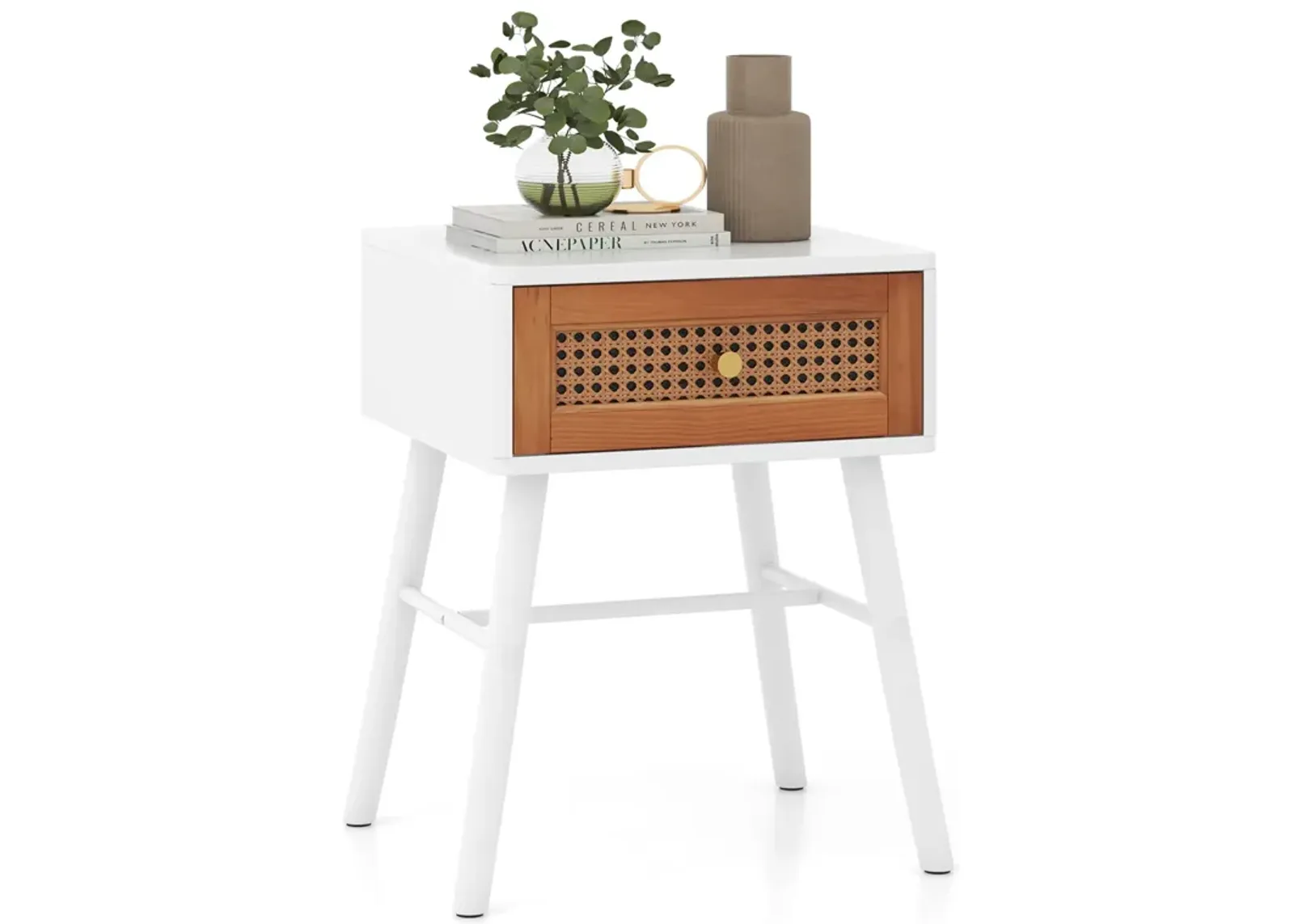 Rattan Nightstand Mid Century Modern Accent Table with Drawer-White