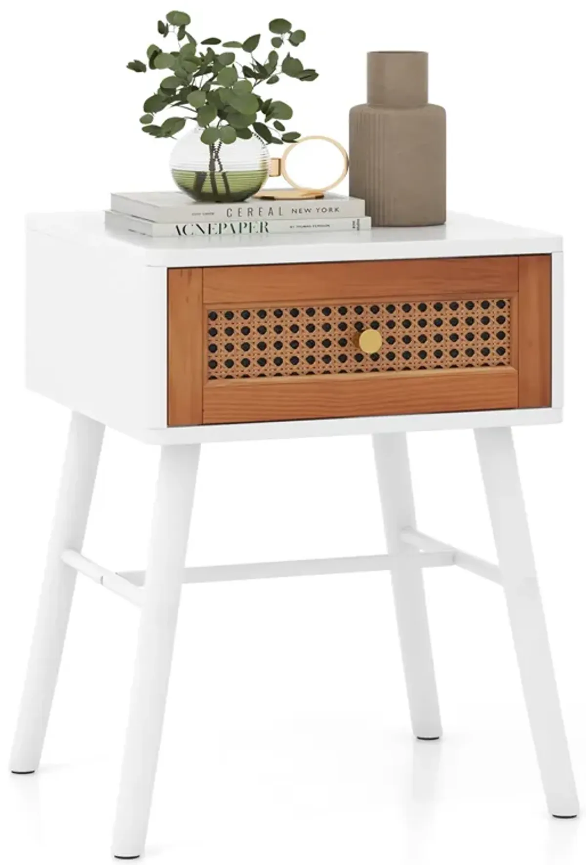 Rattan Nightstand Mid Century Modern Accent Table with Drawer-White