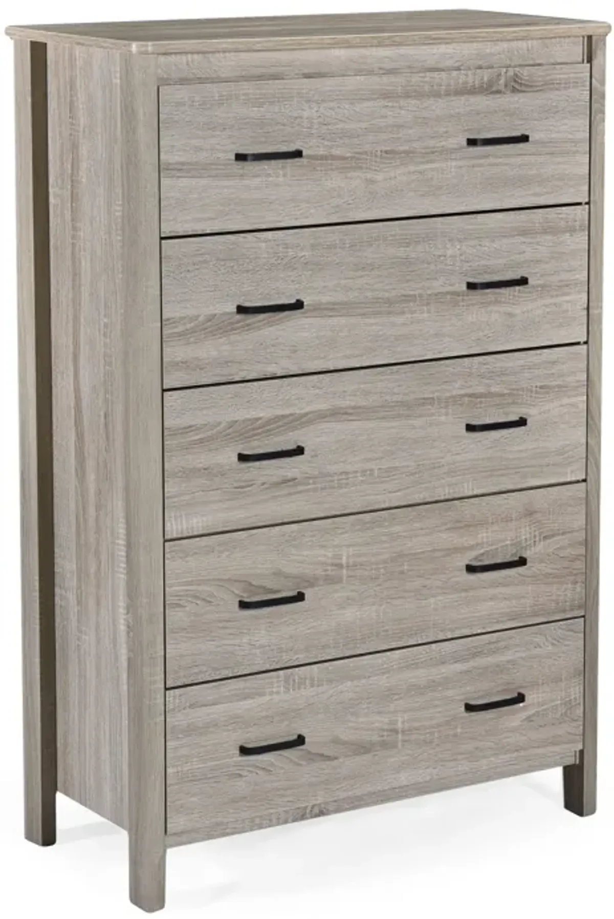 Sifa Tall Dresser Chest, 5 Drawers, Rustic Oak Gray MDF, Black Handles - Benzara