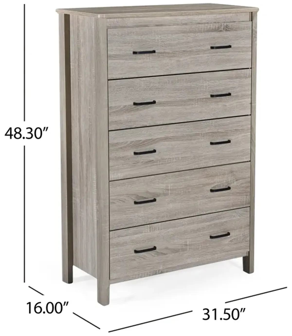 Sifa Tall Dresser Chest, 5 Drawers, Rustic Oak Gray MDF, Black Handles - Benzara