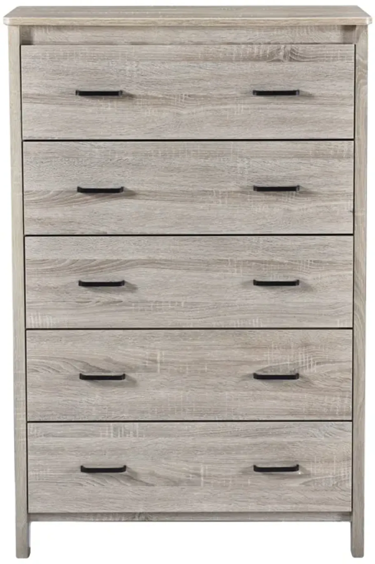 Sifa Tall Dresser Chest, 5 Drawers, Rustic Oak Gray MDF, Black Handles - Benzara