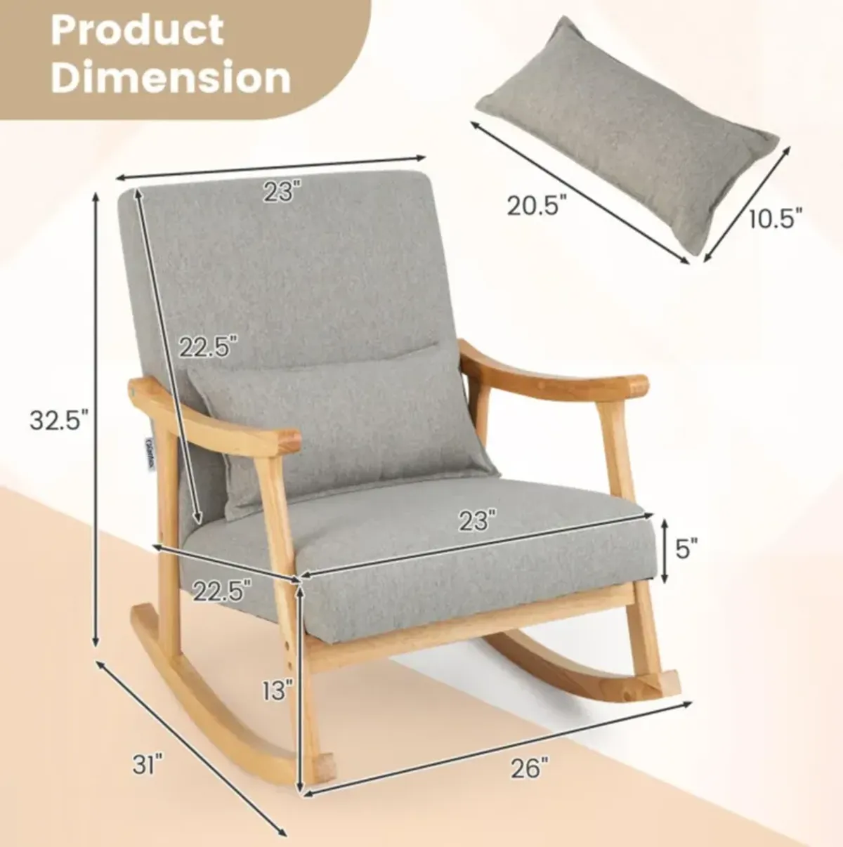 Hivvago Upholstered Rocking Chair with Pillow and Rubber Wood Frame-Gray