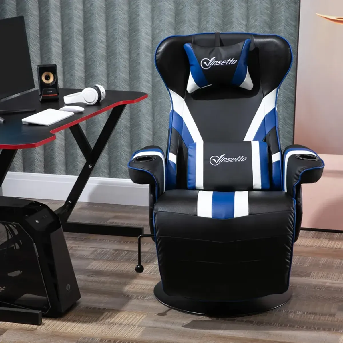 Black/White/Blue Gamer Chair: Racing Style Recliner with Footrest