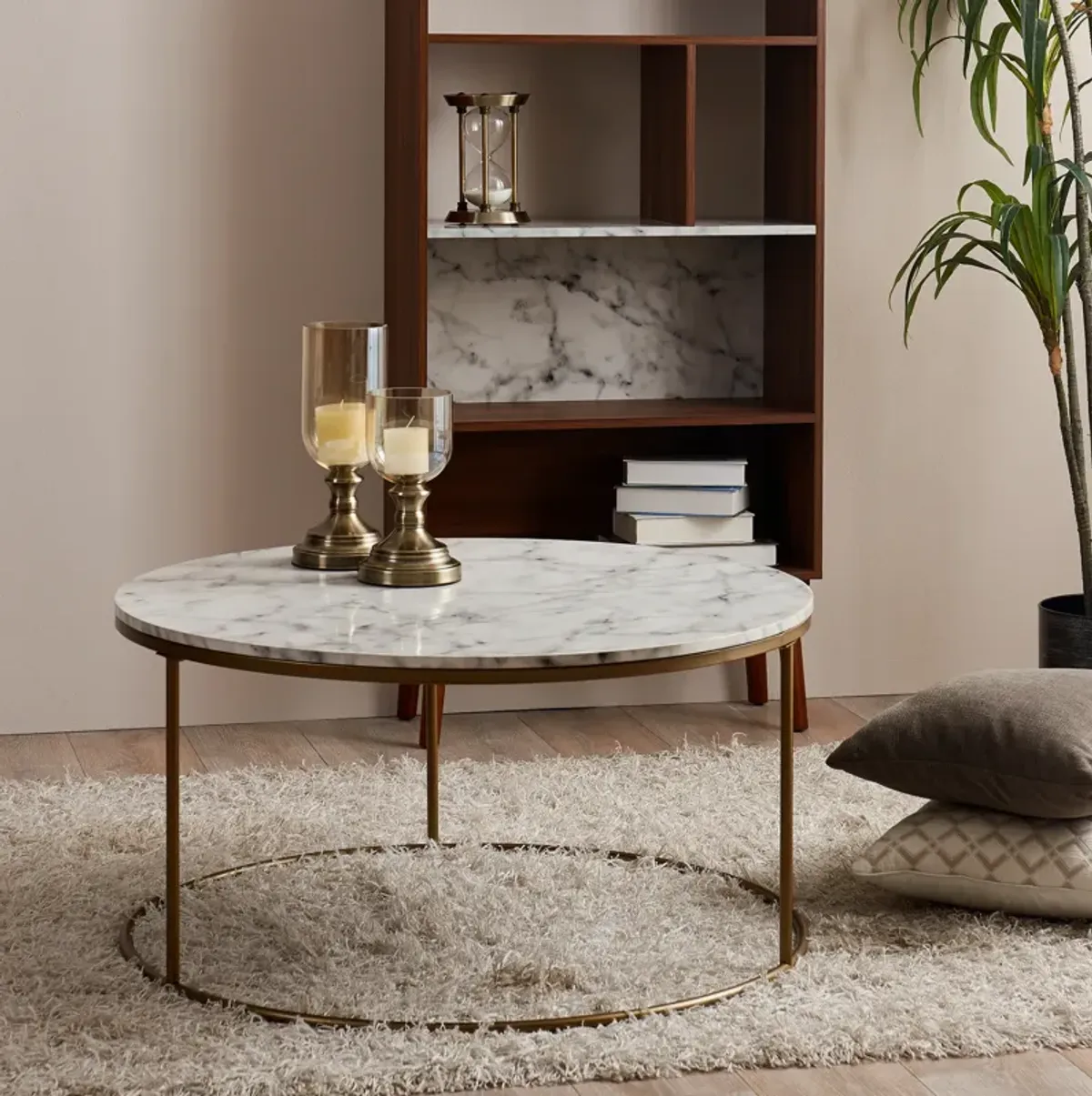 Teamson Home Marmo Modern Marble-Look Round Coffee Table, Faux Marble/Brass