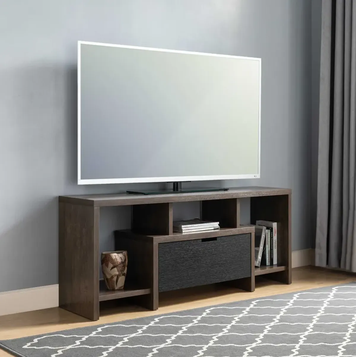 Walnut Oak & Black TV Stand with Center Drawer and 2 Side Shelves