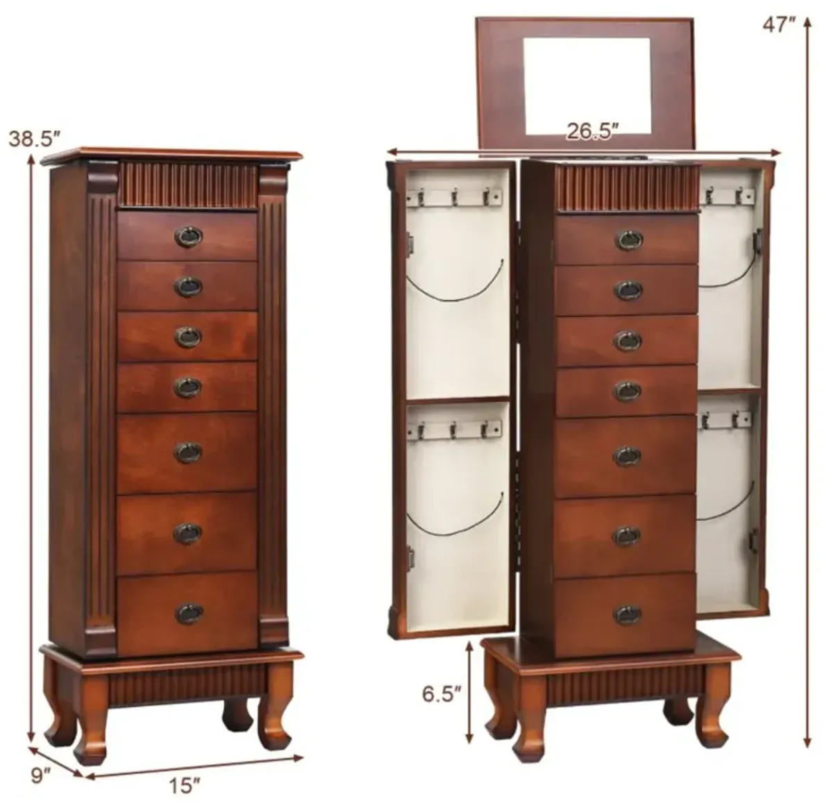 Hivvago Wooden Jewelry Armoire Cabinet Storage Chest with Drawers and Swing Doors