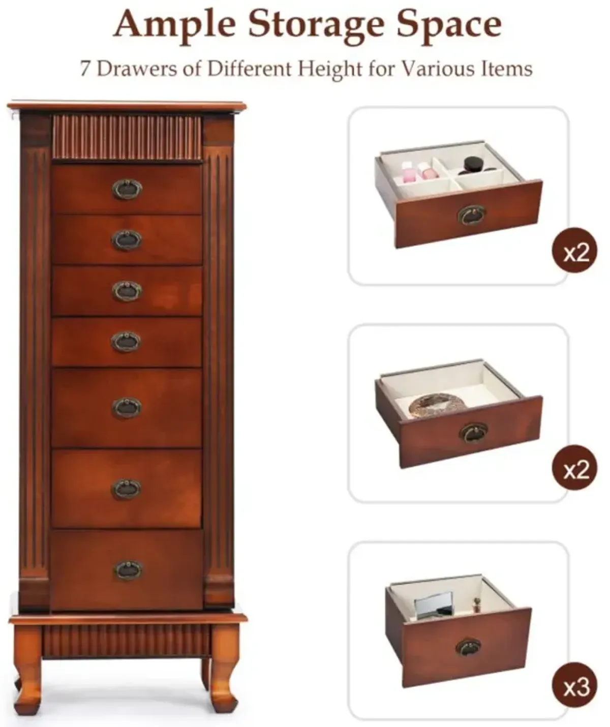 Hivvago Wooden Jewelry Armoire Cabinet Storage Chest with Drawers and Swing Doors