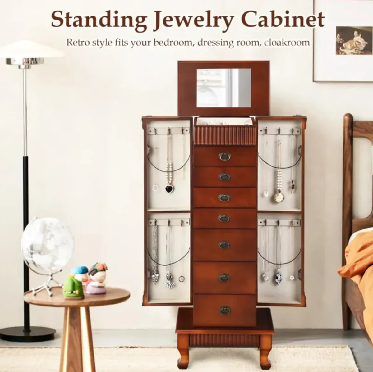 Hivvago Wooden Jewelry Armoire Cabinet Storage Chest with Drawers and Swing Doors