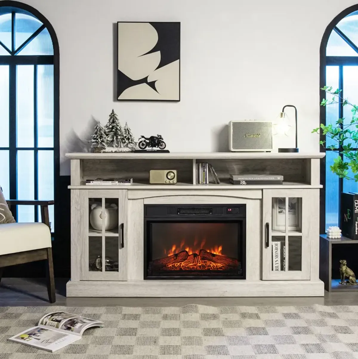 Fireplace TV Stand for TVs with Side Cabinets and Remote Control