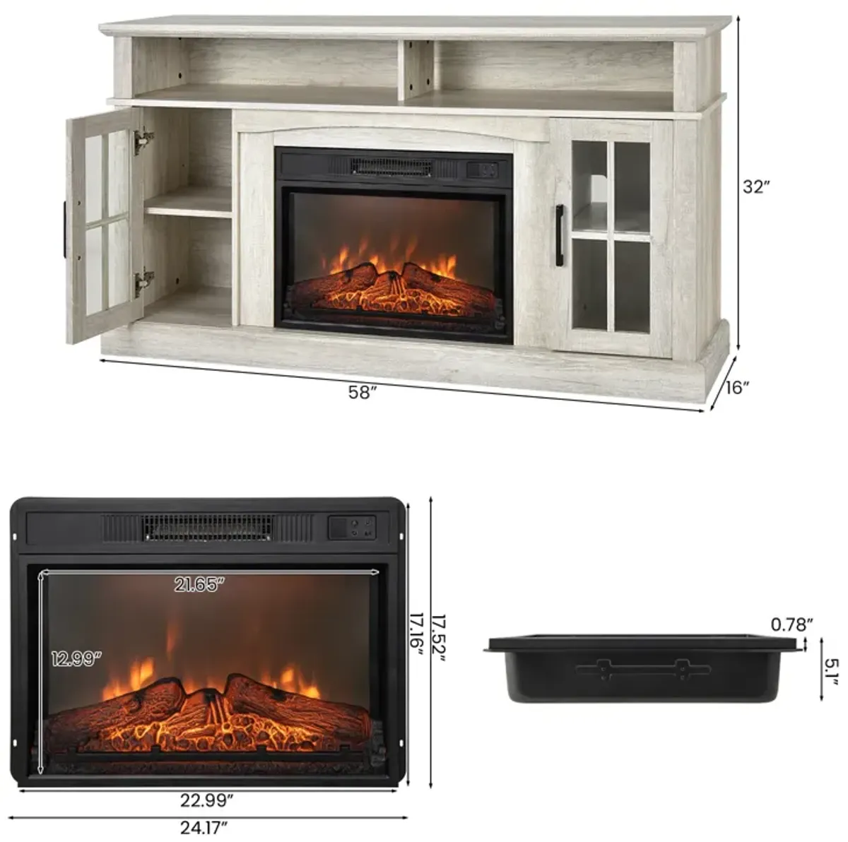 Fireplace TV Stand for TVs Up to 65 Inch with Side Cabinets and Remote Control