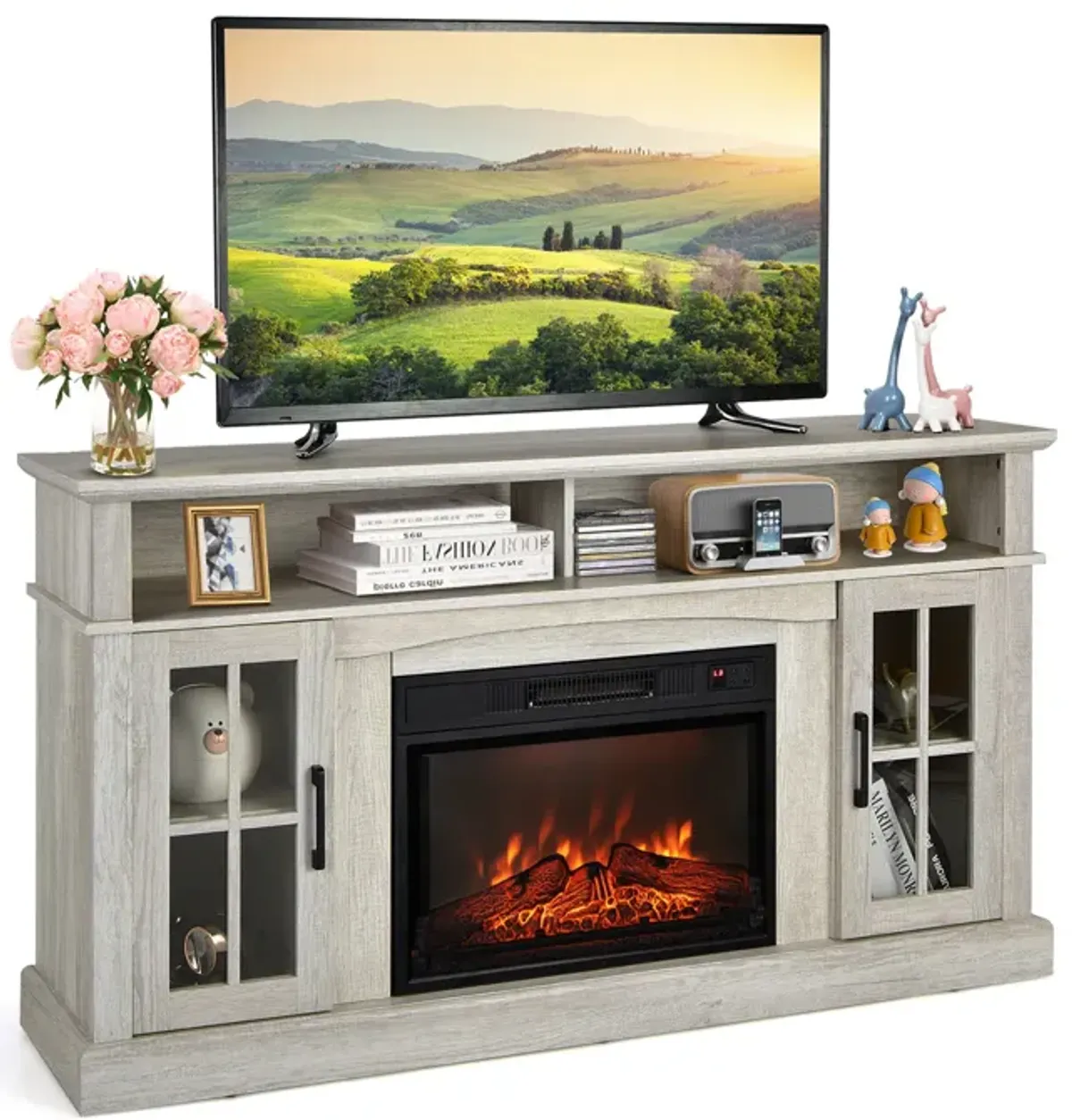 Fireplace TV Stand for TVs with Side Cabinets and Remote Control