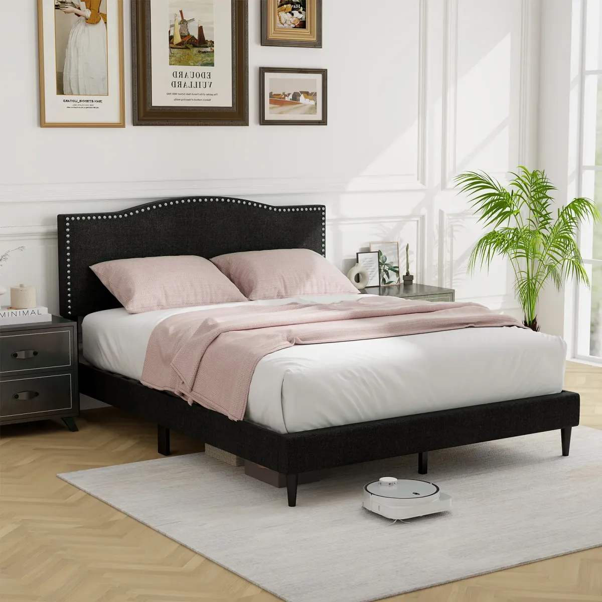 Queen Size Upholstered Bed Frame with Nailhead Trim Headboard-Queen Size