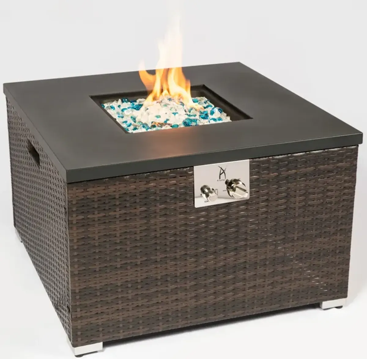 Outdoor Gas Fire Pit Square Dark Brown Wicker Fire Pit Table Propane Fire Table with Glass Rocks