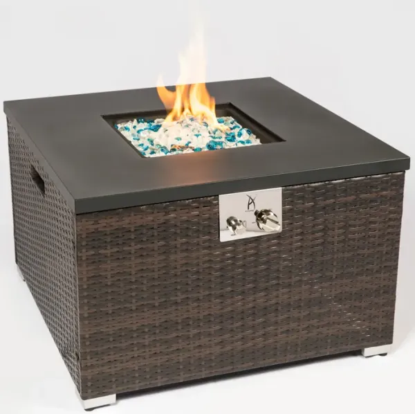 Outdoor Gas Fire Pit Square Dark Brown Wicker Fire Pit Table Propane Fire Table with Glass Rocks