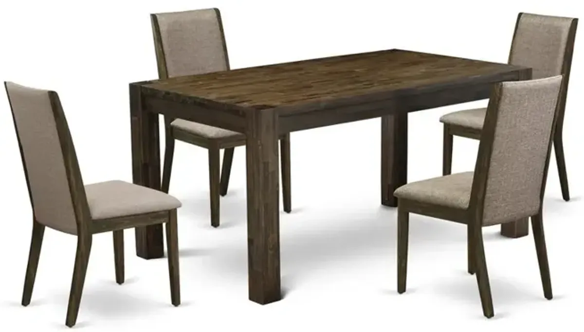 East West Furniture CNLA5-77-16 5-Pc Dinette Set- 4 Dining Room Chairs with Dark Khaki Linen Fabric Seat and Stylish Chair Back - Rectangular Table Top & Wooden 4 Legs - Distressed Jacobean Finish